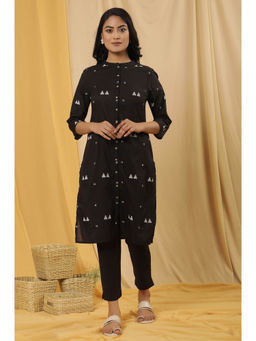 W - Black Geometric Print Cotton Straight Kurta with Slim Pant (Set of 2)