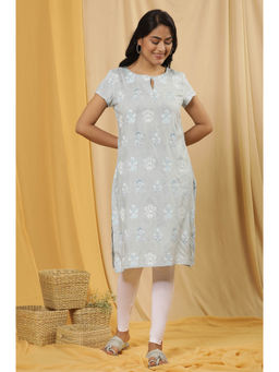 W - Blue Floral Print Viscose Straight Kurta with Leggings (Set of 2)