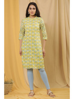 W - Beige Floral Print Cotton Straight Kurta with Leggings (Set of 2)