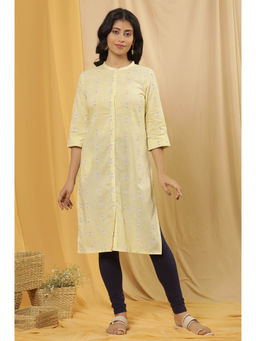 W - Green Floral Print Cotton Straight Kurta with Leggins (Set of 2)