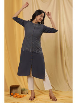 W - Blue Geometric Print Viscose Straight Kurta with Slim Pant (Set of 2)