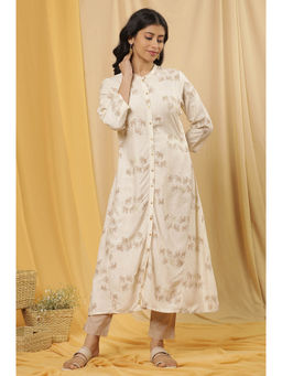 W - Beige Festive Print Viscose A-Line Kurta with Slim Pant (Set of 2)