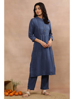W - Blue Striped Viscose Straight Kurta with Pant (Set of 2)