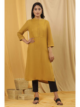W - Yellow Striped Viscose Straight Kurta with Slim Pant (Set of 2)