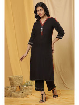 W - Black Solid Rayon Straight Kurta with Pant (Set of 2)