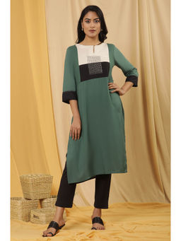 W - Green Solid Viscose Straight Kurta with Slim Pant (Set of 2)