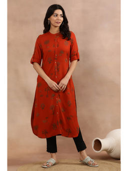 W - Yellow Printed Viscose Straight Kurta with Slim Pant (Set of 2)