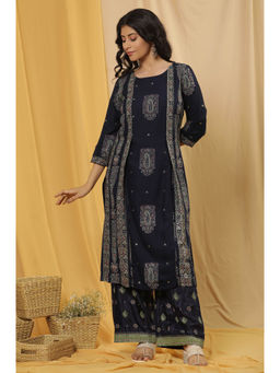 W - Blue Festive Printed Viscose Straight Kurta with Parallel Pant (Set of 2)