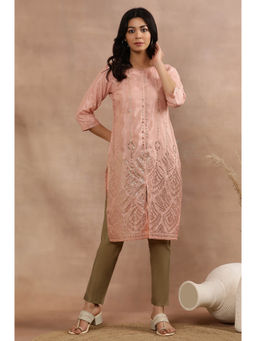 W - Pink Festive Geometric Print Shantung Straight Kurta with Slim Pant (Set of 2)