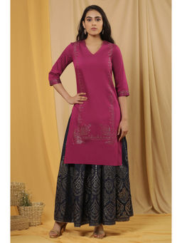 W - Pink Festive Geometric Print Viscose Straight Kurta with Skirt (Set of 2)