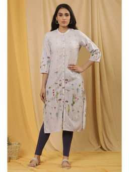 W - Blue Floral Print Viscose Straight Kurta with Leggings (Set of 2)
