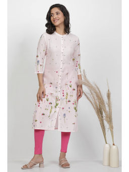 W - Pink Floral Print Viscose Straight Kurta with Leggings (Set of 2)