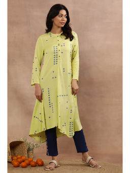 W - Yellow Geometric Print Rayon Flared Kurta with Slim Pant (Set of 2)