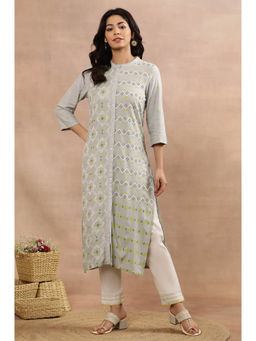 W - Grey Geometric Print Viscose Straight Kurta with Slim Pant (Set of 2)