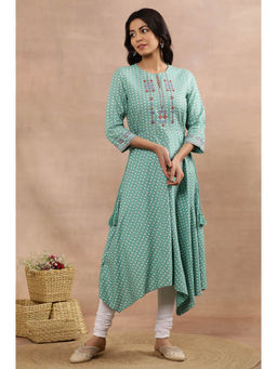 W - Green Festive Geometric Print Viscose Flared Kurta with Churidar (Set of 2)