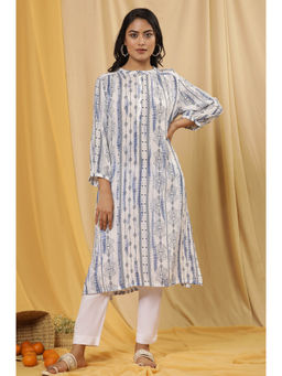W - Blue Geometric Print Viscose Straight Kurta with Slim Pant (Set of 2)