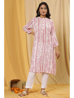 W - Pink Abstract Print Viscose Straight Kurta with Slim Pant (Set of 2)