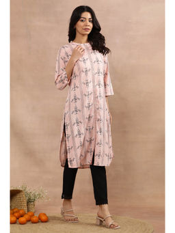 W - Pink Print Viscose Straight Kurta with Slim Pant (Set of 2)