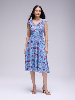 Twenty Dresses by Nykaa Fashion - Blue V Neck Floral Printed Fit and Flare Midi Dress