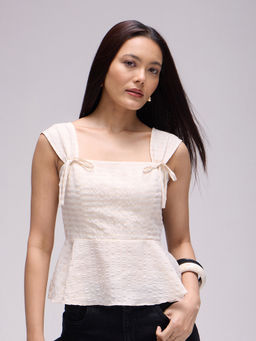 Twenty Dresses by Nykaa Fashion - Cream Self-Designed Square Neck Fit and Flare Top