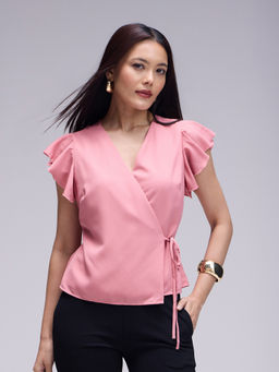 Twenty Dresses by Nykaa Fashion - Pink Ruffled Sleeves Overlapped Top