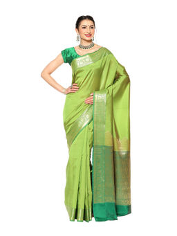Banarasi Silk Works - Green Valkalam Katan Silk Anchal Saree with Unstitched Blouse