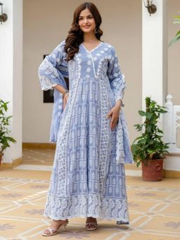 Odette - Women Blue Wedding Regular Fit Anarkali Kurta and Pant with Dupatta