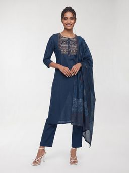max - Women Navy Blue Festive Straight Fit Kurta and Pant with Dupatta