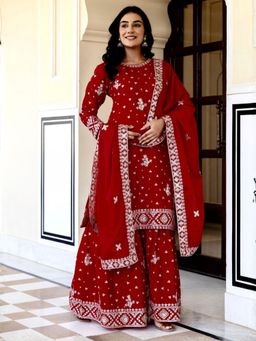 Odette - Women Red Wedding Regular Fit Kurta and Palazzo with Dupatta