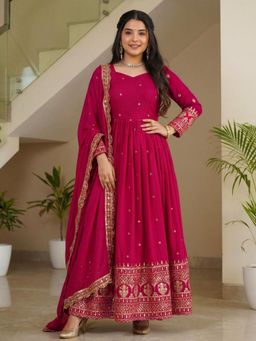 Odette - Women Pink Wedding Regular Fit Anarkali Kurta and Pant with Dupatta