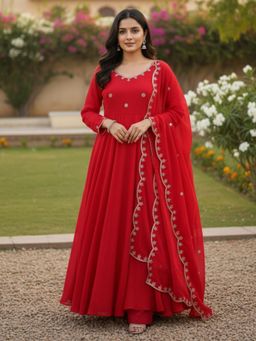 Odette - Women Red Wedding Regular Fit Anarkali Kurta and Pant with Dupatta