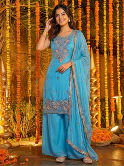 Odette - Women Blue Wedding Regular Fit Kurta and Palazzo with Dupatta