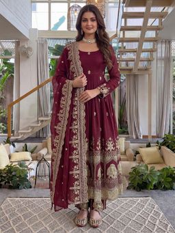 Odette - Women Burgundy Wedding Regular Fit Anarkali Kurta and Pant with Dupatta