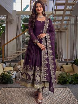 Odette - Women Purple Wedding Regular Fit Anarkali Kurta and Pant with Dupatta