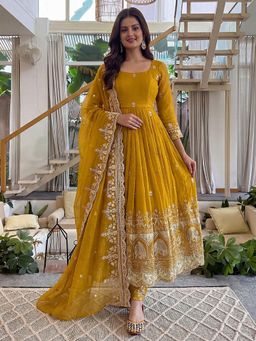 Odette - Women Mustard Wedding Regular Fit Anarkali Kurta and Pant with Dupatta