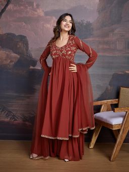 INDDUS - Women Rust Wedding Flared Fit Anarkali Kurta and Sharara with Dupatta
