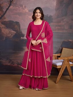 INDDUS - Women Magenta Wedding Flared Fit Anarkali Kurta and Sharara with Dupatta