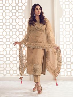 INDDUS - Women Beige Festive Straight Fit Kurta and Pant with Dupatta