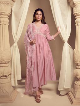 INDDUS - Women Pink Festive Flared Fit Kurta and Pant with Dupatta