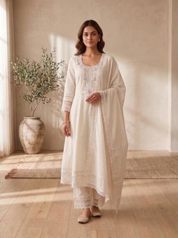 INDDUS - Women Off White Festive Flared Fit Anarkali Kurta and Trouser with Dupatta