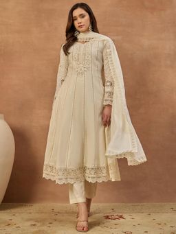 INDDUS - Women Off White Festive Flared Fit Anarkali Kurta and Pant with Dupatta
