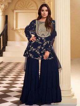 INDDUS - Women Navy Blue Wedding A-Line Fit Kurta and Sharara and Dupatta