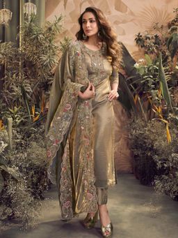 INDDUS - Women Green Festive Straight Fit Kurta and Pant with Dupatta