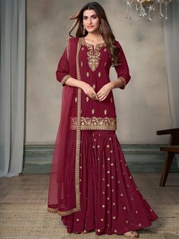 INDDUS - Women Maroon Wedding A-Line Fit Kurta and Sharara and Dupatta
