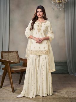 INDDUS - Women Off White Wedding A-Line Fit Kurta and Sharara and Dupatta