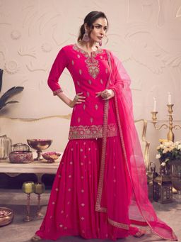 INDDUS - Women Pink Wedding A-Line Fit Kurta and Sharara and Dupatta
