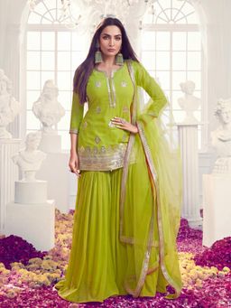 INDDUS - Women Green Wedding A-Line Fit Kurta and Sharara and Dupatta