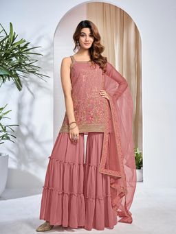 INDDUS - Women Mauve Wedding A-Line Fit Kurta and Sharara and Dupatta