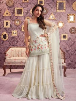 INDDUS - Women Off White Wedding A-Line Fit Kurta and Sharara and Dupatta