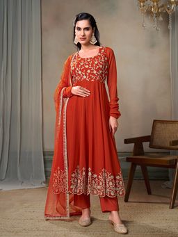 INDDUS - Women Rust Wedding Flared Fit Anarkali Kurta and Pant with Dupatta